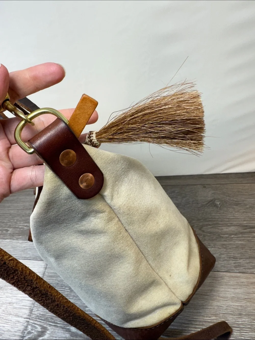 Meanwhile Canvas Shoulder Bag with Brown Leather Trim - Cream